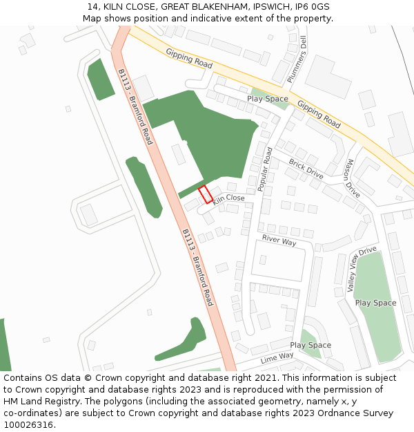 14, KILN CLOSE, GREAT BLAKENHAM, IPSWICH, IP6 0GS: Location map and indicative extent of plot