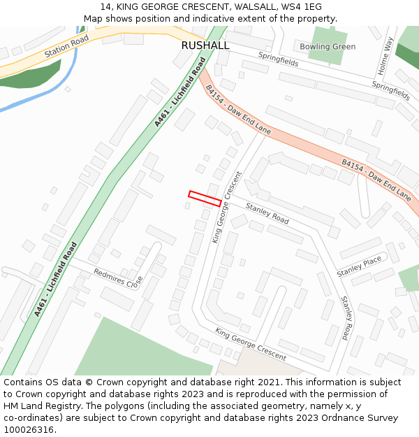 14, KING GEORGE CRESCENT, WALSALL, WS4 1EG: Location map and indicative extent of plot