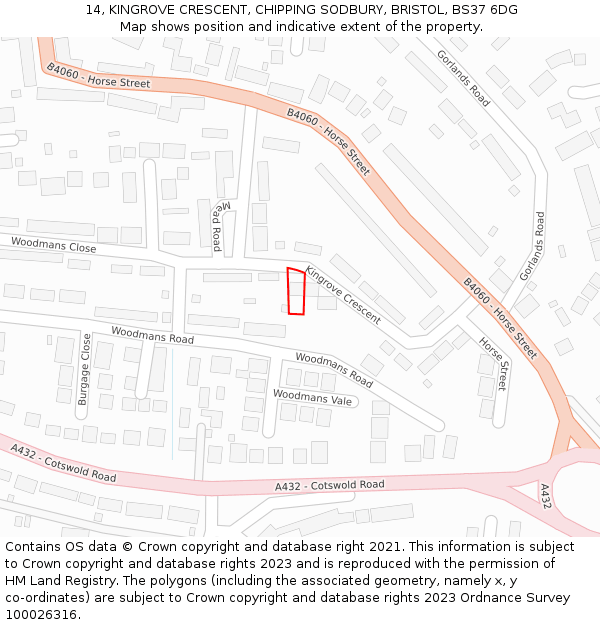 14, KINGROVE CRESCENT, CHIPPING SODBURY, BRISTOL, BS37 6DG: Location map and indicative extent of plot