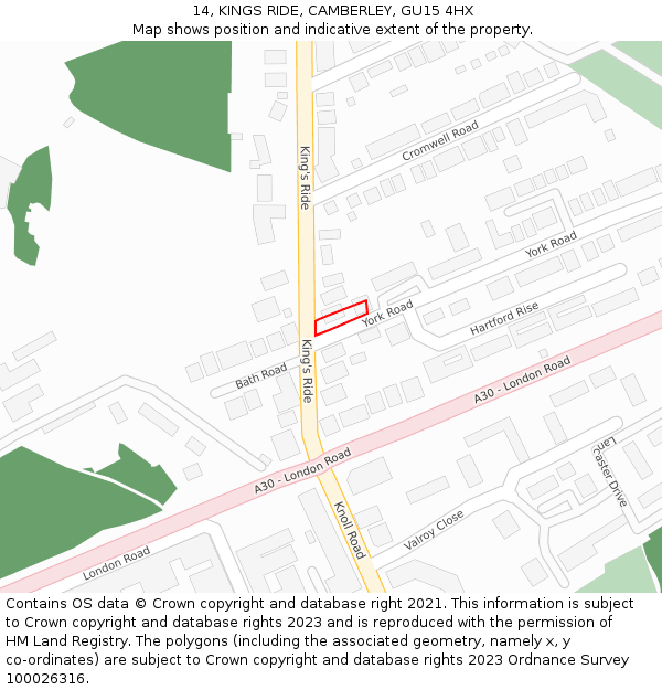 14, KINGS RIDE, CAMBERLEY, GU15 4HX: Location map and indicative extent of plot