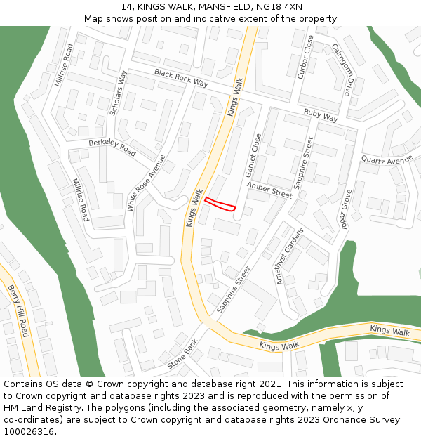14, KINGS WALK, MANSFIELD, NG18 4XN: Location map and indicative extent of plot
