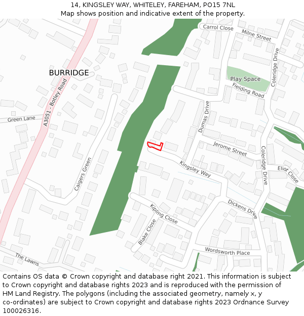 14, KINGSLEY WAY, WHITELEY, FAREHAM, PO15 7NL: Location map and indicative extent of plot