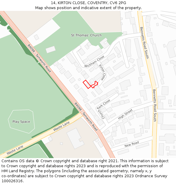 14, KIRTON CLOSE, COVENTRY, CV6 2PG: Location map and indicative extent of plot