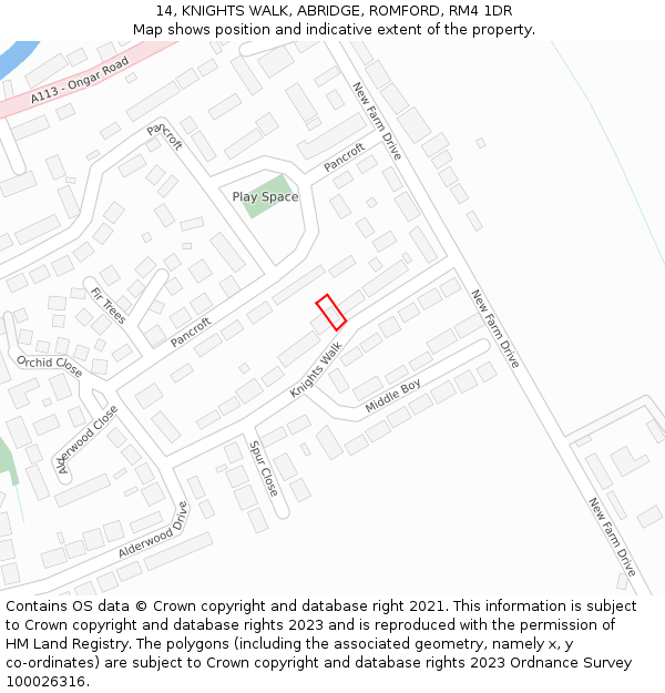 14, KNIGHTS WALK, ABRIDGE, ROMFORD, RM4 1DR: Location map and indicative extent of plot