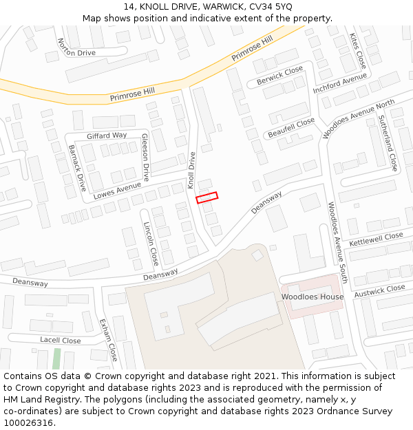 14, KNOLL DRIVE, WARWICK, CV34 5YQ: Location map and indicative extent of plot