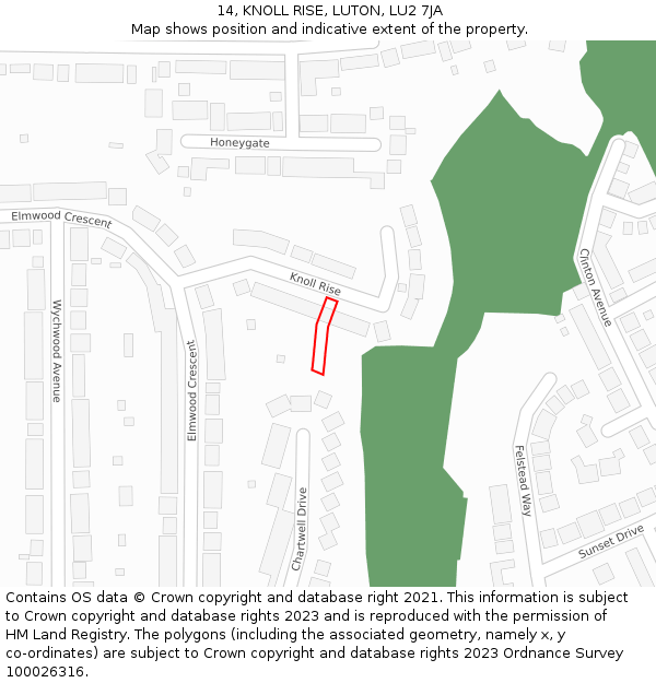 14, KNOLL RISE, LUTON, LU2 7JA: Location map and indicative extent of plot