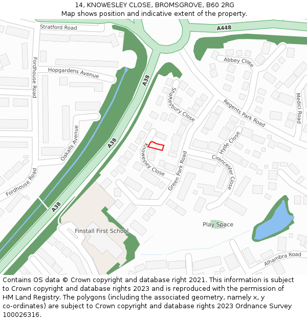 14, KNOWESLEY CLOSE, BROMSGROVE, B60 2RG: Location map and indicative extent of plot