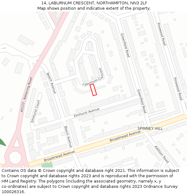 14, LABURNUM CRESCENT, NORTHAMPTON, NN3 2LF: Location map and indicative extent of plot