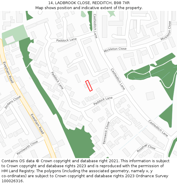 14, LADBROOK CLOSE, REDDITCH, B98 7XR: Location map and indicative extent of plot
