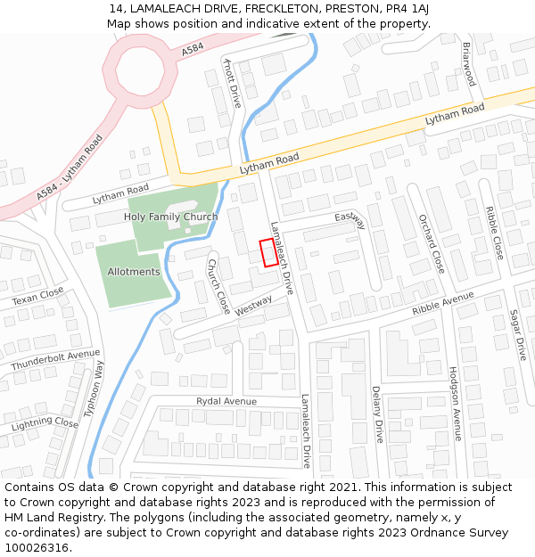 14, LAMALEACH DRIVE, FRECKLETON, PRESTON, PR4 1AJ: Location map and indicative extent of plot