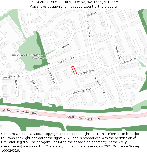 14, LAMBERT CLOSE, FRESHBROOK, SWINDON, SN5 8NY: Location map and indicative extent of plot