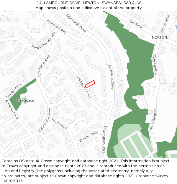 14, LAMBOURNE DRIVE, NEWTON, SWANSEA, SA3 4UW: Location map and indicative extent of plot