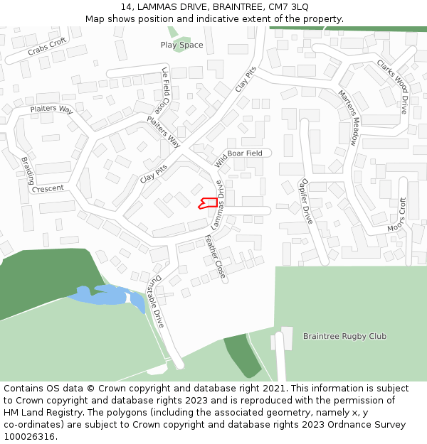 14, LAMMAS DRIVE, BRAINTREE, CM7 3LQ: Location map and indicative extent of plot