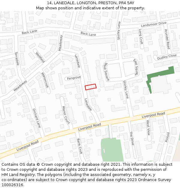 14, LANEDALE, LONGTON, PRESTON, PR4 5AY: Location map and indicative extent of plot