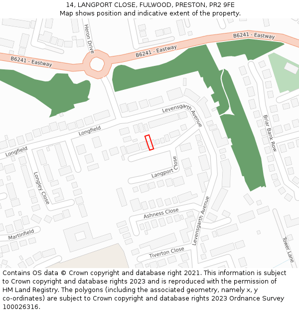 14, LANGPORT CLOSE, FULWOOD, PRESTON, PR2 9FE: Location map and indicative extent of plot