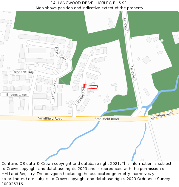 14, LANGWOOD DRIVE, HORLEY, RH6 9FH: Location map and indicative extent of plot