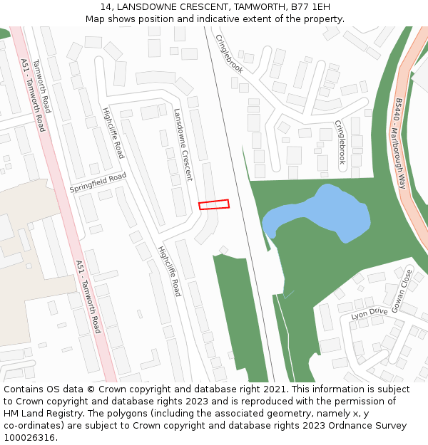 14, LANSDOWNE CRESCENT, TAMWORTH, B77 1EH: Location map and indicative extent of plot