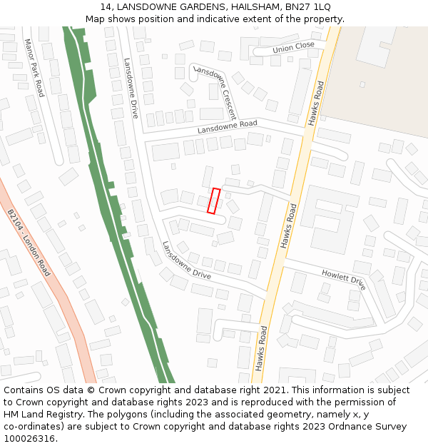 14, LANSDOWNE GARDENS, HAILSHAM, BN27 1LQ: Location map and indicative extent of plot