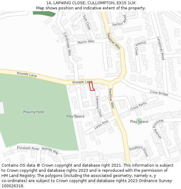 14, LAPWING CLOSE, CULLOMPTON, EX15 1UX: Location map and indicative extent of plot