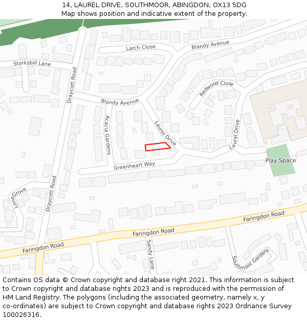 14, LAUREL DRIVE, SOUTHMOOR, ABINGDON, OX13 5DG: Location map and indicative extent of plot