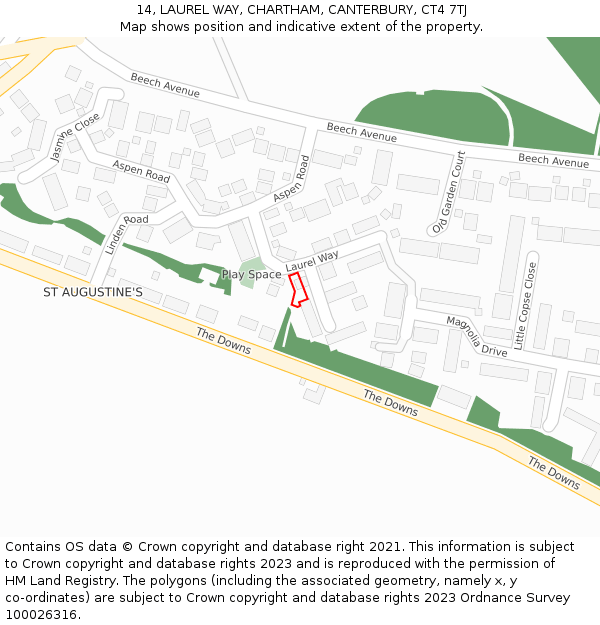 14, LAUREL WAY, CHARTHAM, CANTERBURY, CT4 7TJ: Location map and indicative extent of plot