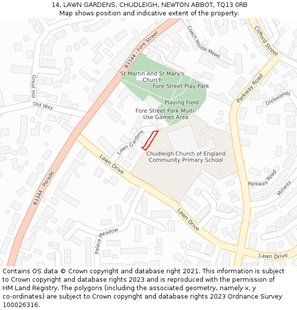 14, LAWN GARDENS, CHUDLEIGH, NEWTON ABBOT, TQ13 0RB: Location map and indicative extent of plot