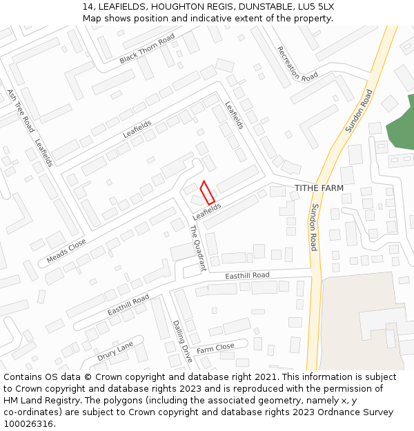 14, LEAFIELDS, HOUGHTON REGIS, DUNSTABLE, LU5 5LX: Location map and indicative extent of plot