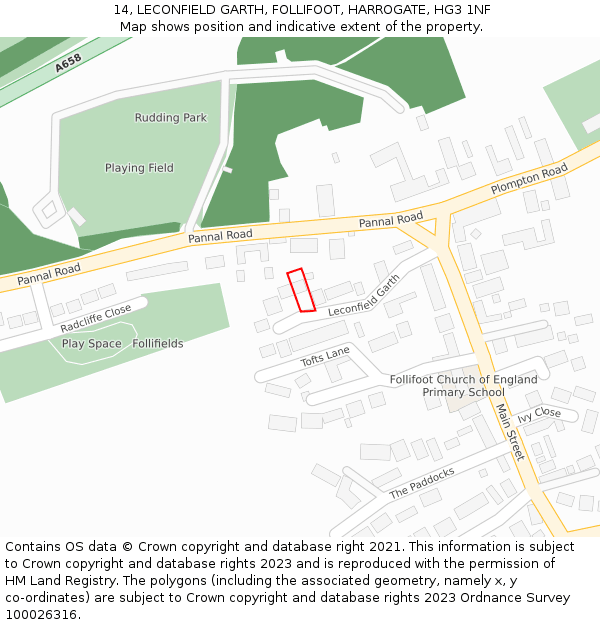 14, LECONFIELD GARTH, FOLLIFOOT, HARROGATE, HG3 1NF: Location map and indicative extent of plot