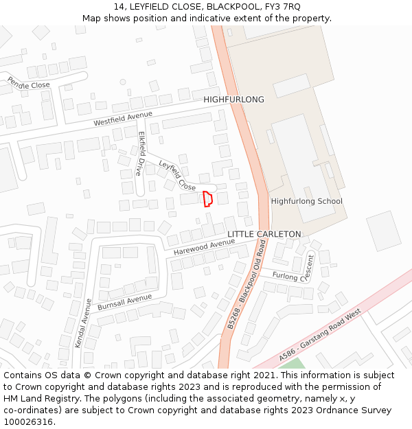 14, LEYFIELD CLOSE, BLACKPOOL, FY3 7RQ: Location map and indicative extent of plot