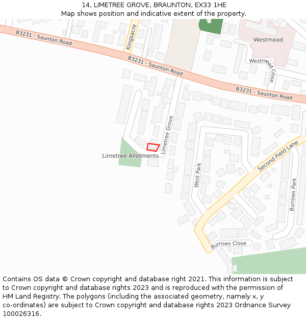 14, LIMETREE GROVE, BRAUNTON, EX33 1HE: Location map and indicative extent of plot