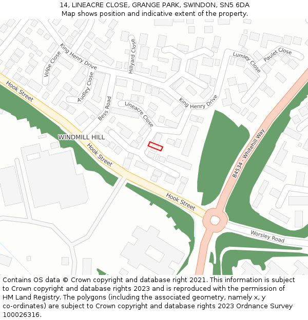 14, LINEACRE CLOSE, GRANGE PARK, SWINDON, SN5 6DA: Location map and indicative extent of plot