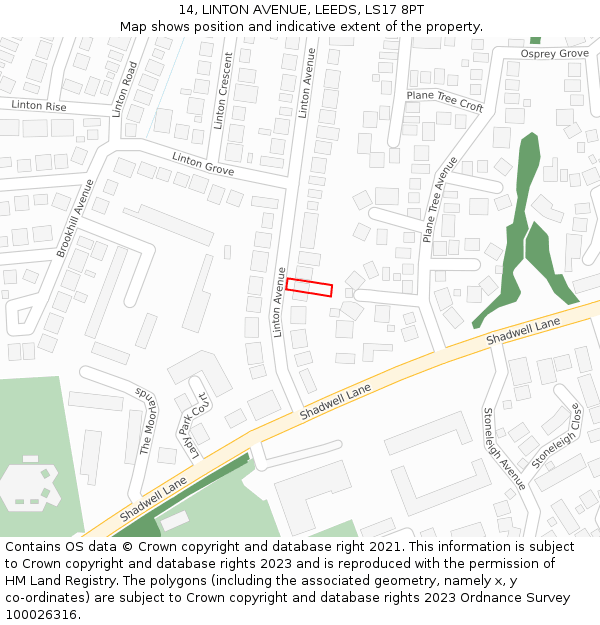 14, LINTON AVENUE, LEEDS, LS17 8PT: Location map and indicative extent of plot