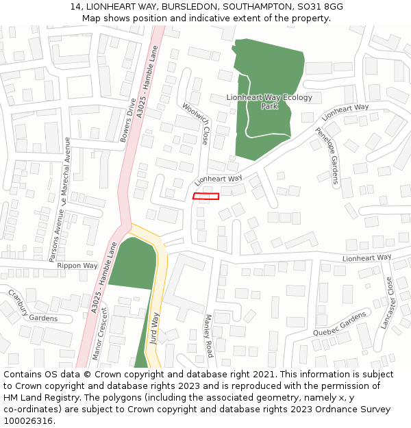 14, LIONHEART WAY, BURSLEDON, SOUTHAMPTON, SO31 8GG: Location map and indicative extent of plot