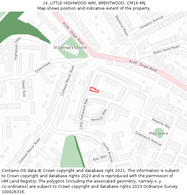 14, LITTLE HIGHWOOD WAY, BRENTWOOD, CM14 4RJ: Location map and indicative extent of plot