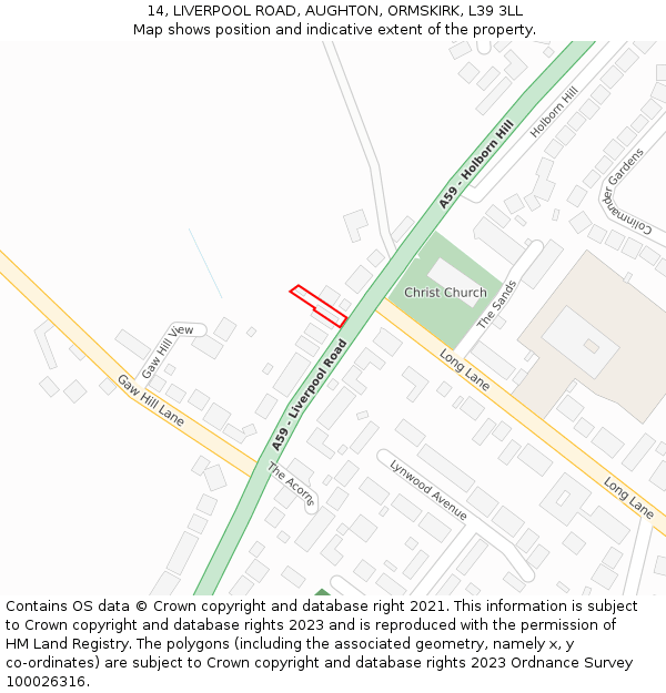 14, LIVERPOOL ROAD, AUGHTON, ORMSKIRK, L39 3LL: Location map and indicative extent of plot