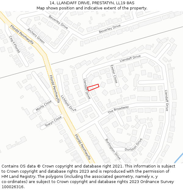 14, LLANDAFF DRIVE, PRESTATYN, LL19 8AS: Location map and indicative extent of plot