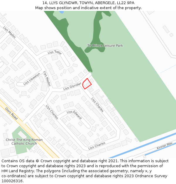 14, LLYS GLYNDWR, TOWYN, ABERGELE, LL22 9PA: Location map and indicative extent of plot