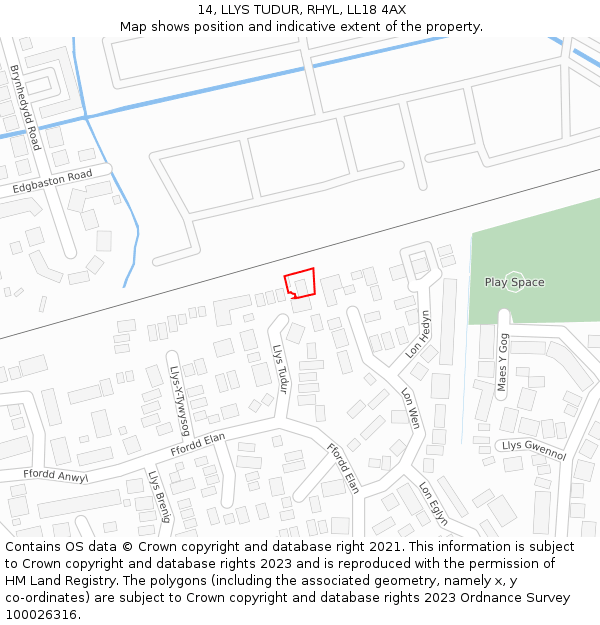 14, LLYS TUDUR, RHYL, LL18 4AX: Location map and indicative extent of plot