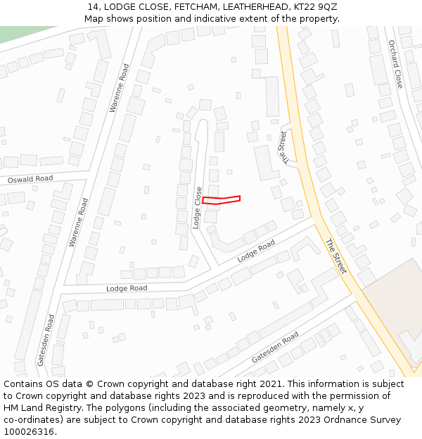 14, LODGE CLOSE, FETCHAM, LEATHERHEAD, KT22 9QZ: Location map and indicative extent of plot