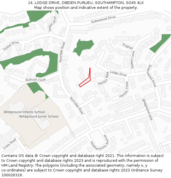 14, LODGE DRIVE, DIBDEN PURLIEU, SOUTHAMPTON, SO45 4LX: Location map and indicative extent of plot
