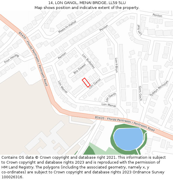 14, LON GANOL, MENAI BRIDGE, LL59 5LU: Location map and indicative extent of plot