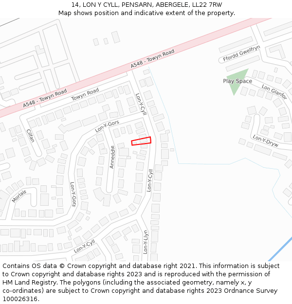 14, LON Y CYLL, PENSARN, ABERGELE, LL22 7RW: Location map and indicative extent of plot