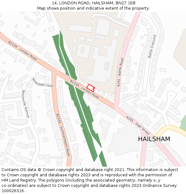 14, LONDON ROAD, HAILSHAM, BN27 1EB: Location map and indicative extent of plot