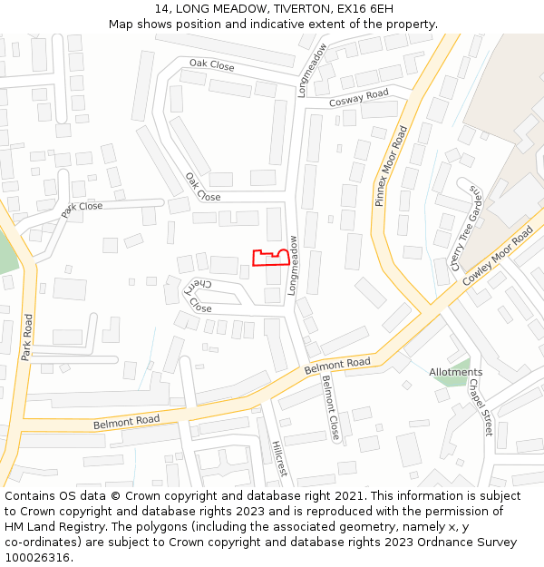 14, LONG MEADOW, TIVERTON, EX16 6EH: Location map and indicative extent of plot