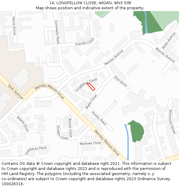 14, LONGFELLOW CLOSE, WIGAN, WN3 5YB: Location map and indicative extent of plot