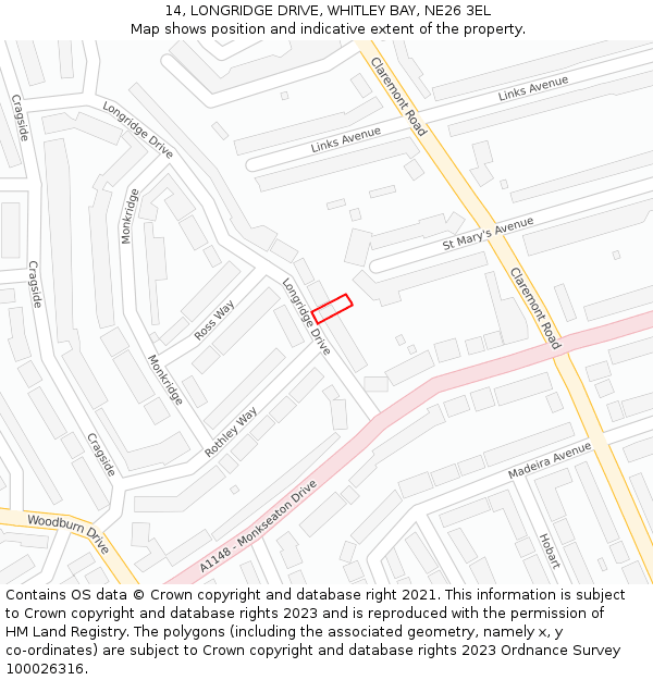 14, LONGRIDGE DRIVE, WHITLEY BAY, NE26 3EL: Location map and indicative extent of plot