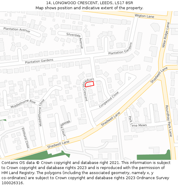 14, LONGWOOD CRESCENT, LEEDS, LS17 8SR: Location map and indicative extent of plot