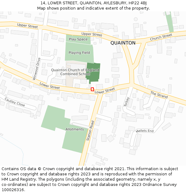 14, LOWER STREET, QUAINTON, AYLESBURY, HP22 4BJ: Location map and indicative extent of plot