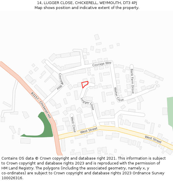 14, LUGGER CLOSE, CHICKERELL, WEYMOUTH, DT3 4PJ: Location map and indicative extent of plot