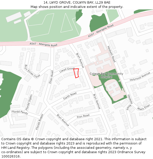 14, LWYD GROVE, COLWYN BAY, LL29 8AE: Location map and indicative extent of plot